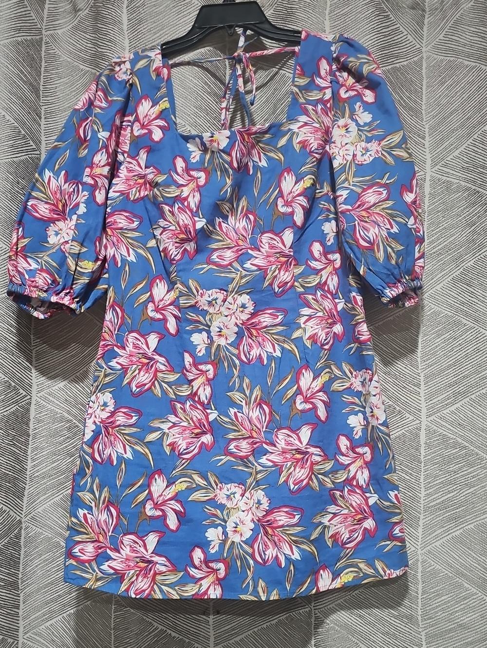 a new day Blue Floral Puff Sleeve Kids Dress with Pink Accents
